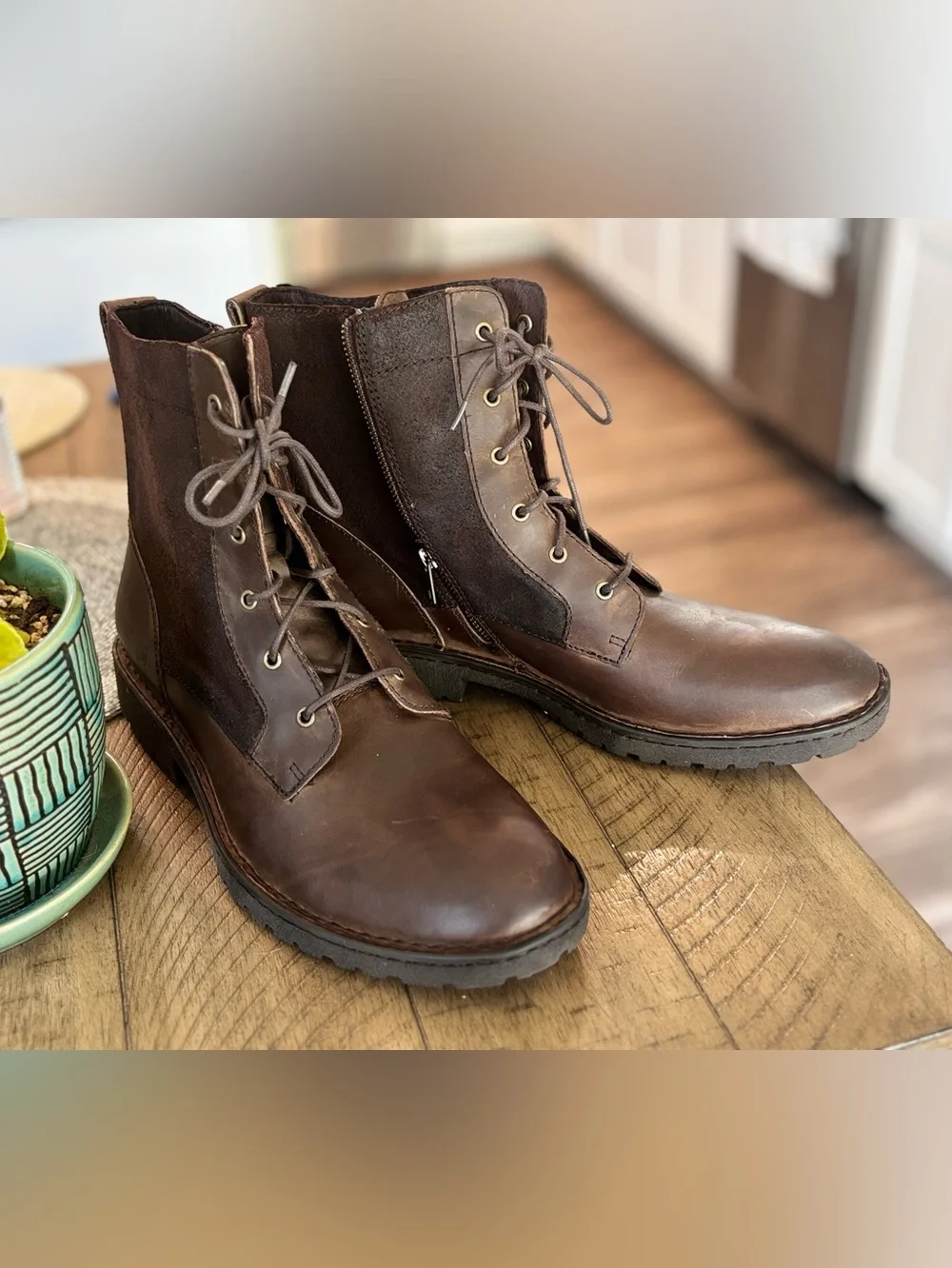 Born Men's Dark Brown genuine Leather Lace-Up Boots with Side Zipper